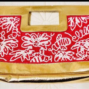 Lilly Pulitzer Buzzworthy Beaded Hot Pink Gold Clutch Evening Bag Purse Handbag
